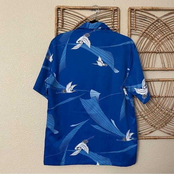 Vintage Mark Raysten Malihini Hawaiian Aloha Shirt Asian Crane Blue *see msrmts - Picture 2 of 10